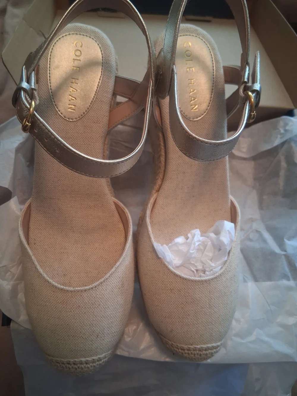 Cole Haan Beige Espadrille Wedge with Metallic Silver Ankle Strap - Picture 11 of 11